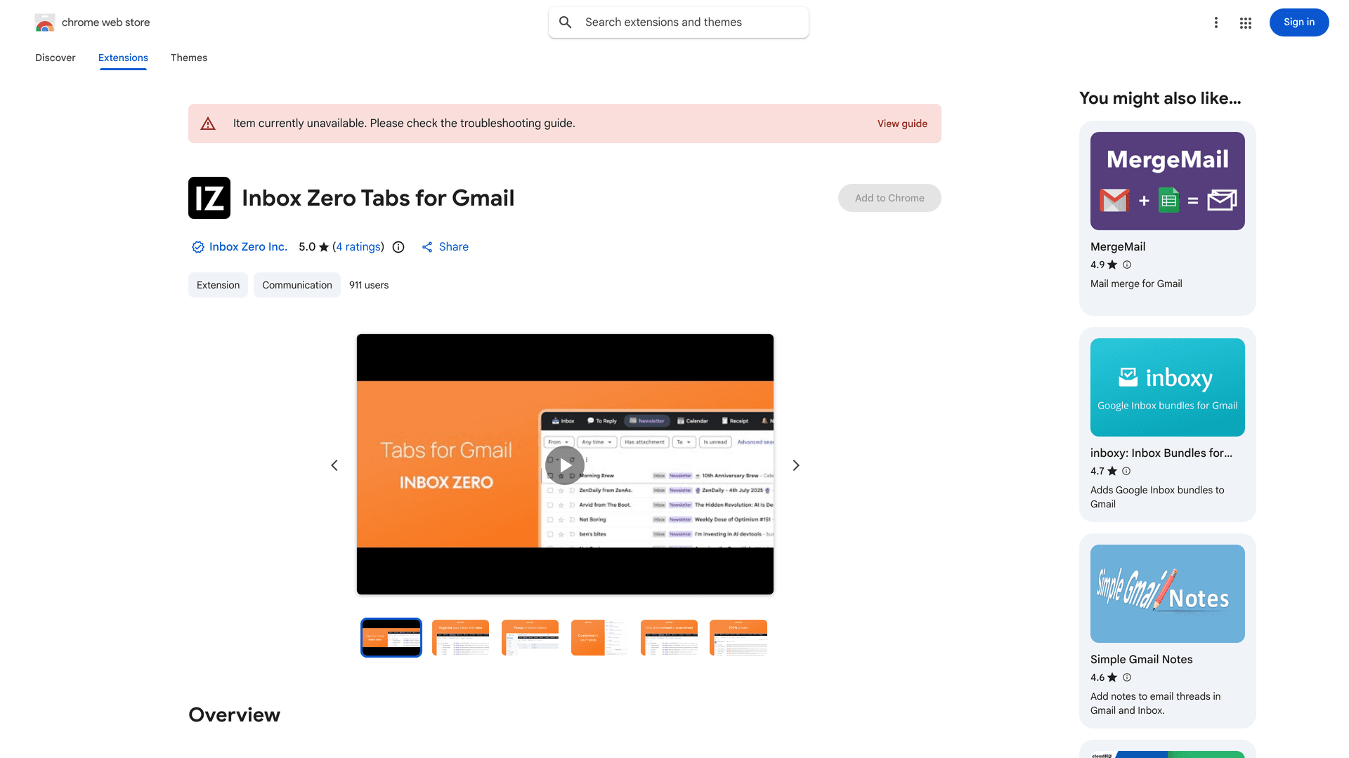 Inbox Zero Tabs for Gmail Chrome extension listing showing features and user ratings